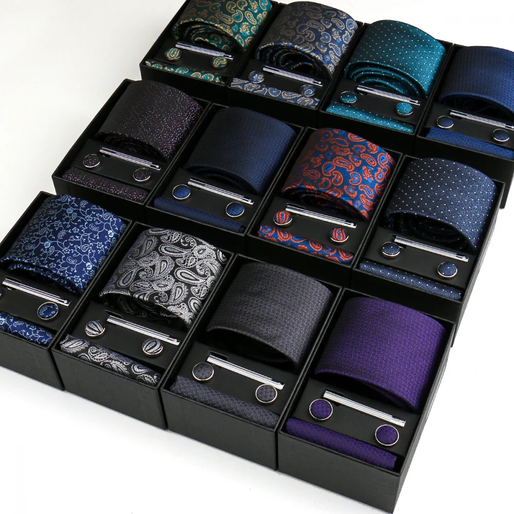 Luxury Tie Set For Men Wedding Gift Box Business Party Fashion Men Tie Set Paisley Handchief Cufflink Tie-Clip Suit Gift For Man 1