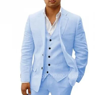 Light Blue/Beige Linen Notch Lapel Slim Fit Summer Men Suits 3 Piece Groom Tuxedos Blazer Pants Sets Wedding Prom Costume Homme 1