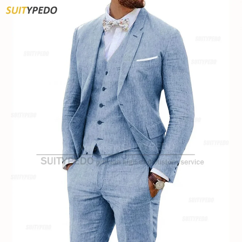 Beige Linen Suits for Men 3 Pieces Casual Slim Fit Suit Blazer Vest Pants Set Formal Prom Wedding Tuxedos for Groomsmen Best Man 5