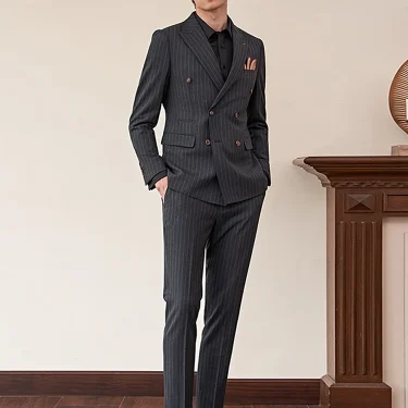 Wedding Groom Wear Suits Set Grey Stripe Double Breasted Luxury Men Clothing Blazer Pant Business Man Office Formal Clothes 44 5