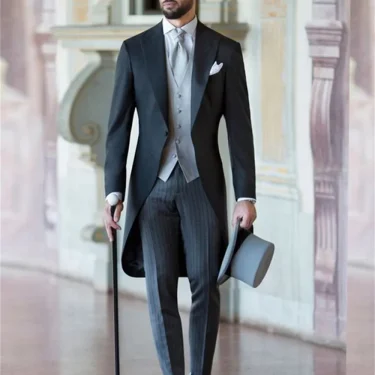3 Pieces Men's Tailcoat Suit Formal Wedding Business One Button Suit Jacket Waistcoat Stripe Trousers 1
