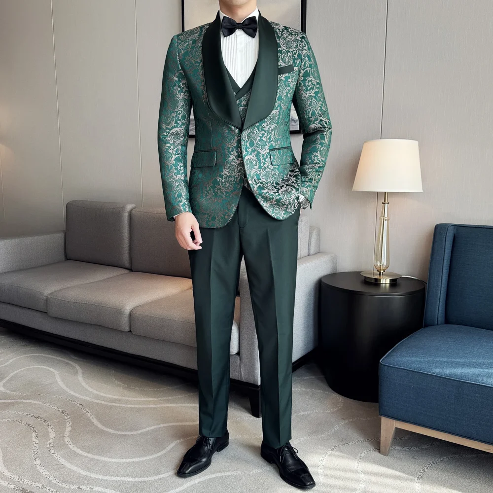 Spring 2025 Men's British Style Business Casual Three-Piece Suit Vest Trousers High-Density Jacquard Wedding Dress 3