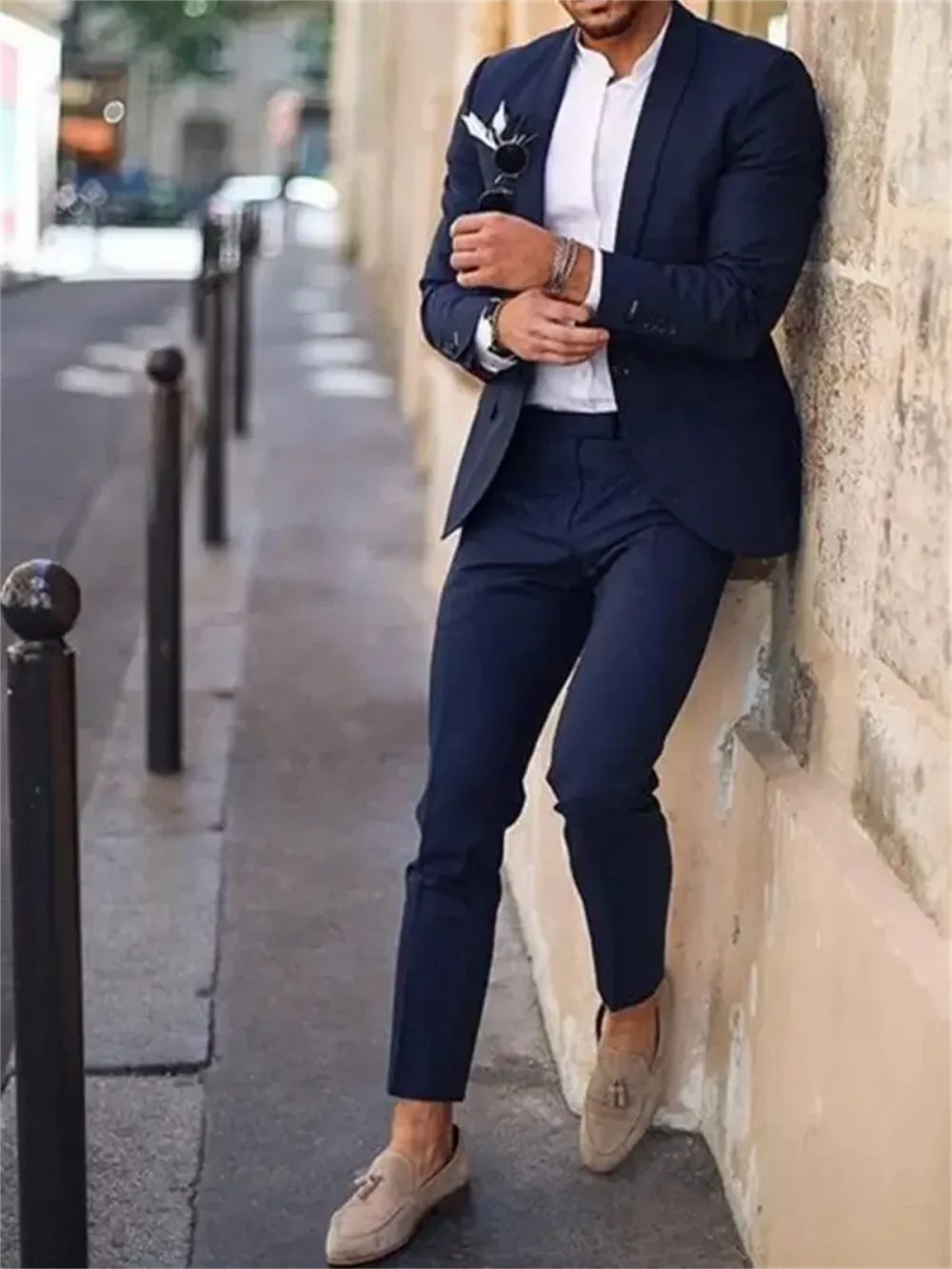 2Pieces Navy Blue Tuxedo Men Suits for Wedding Business Blazer Lapel Costume Homme Terno Party Suits (Jacket+Pant) 1