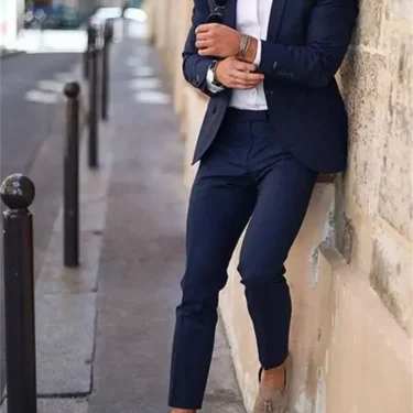 2Pieces Navy Blue Tuxedo Men Suits for Wedding Business Blazer Lapel Costume Homme Terno Party Suits (Jacket+Pant) 1