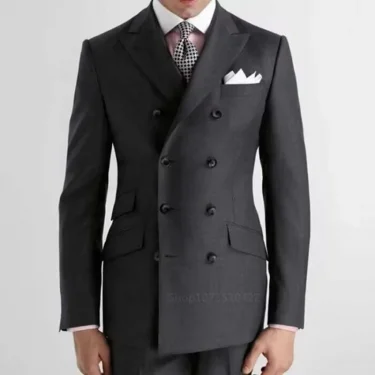2 Piece Business Set (Jacket+Pants) Dark Grey Men Suits Slim Fit Peak Lapel Double Breasted Blazer Wedding Groom Tuxedos 1