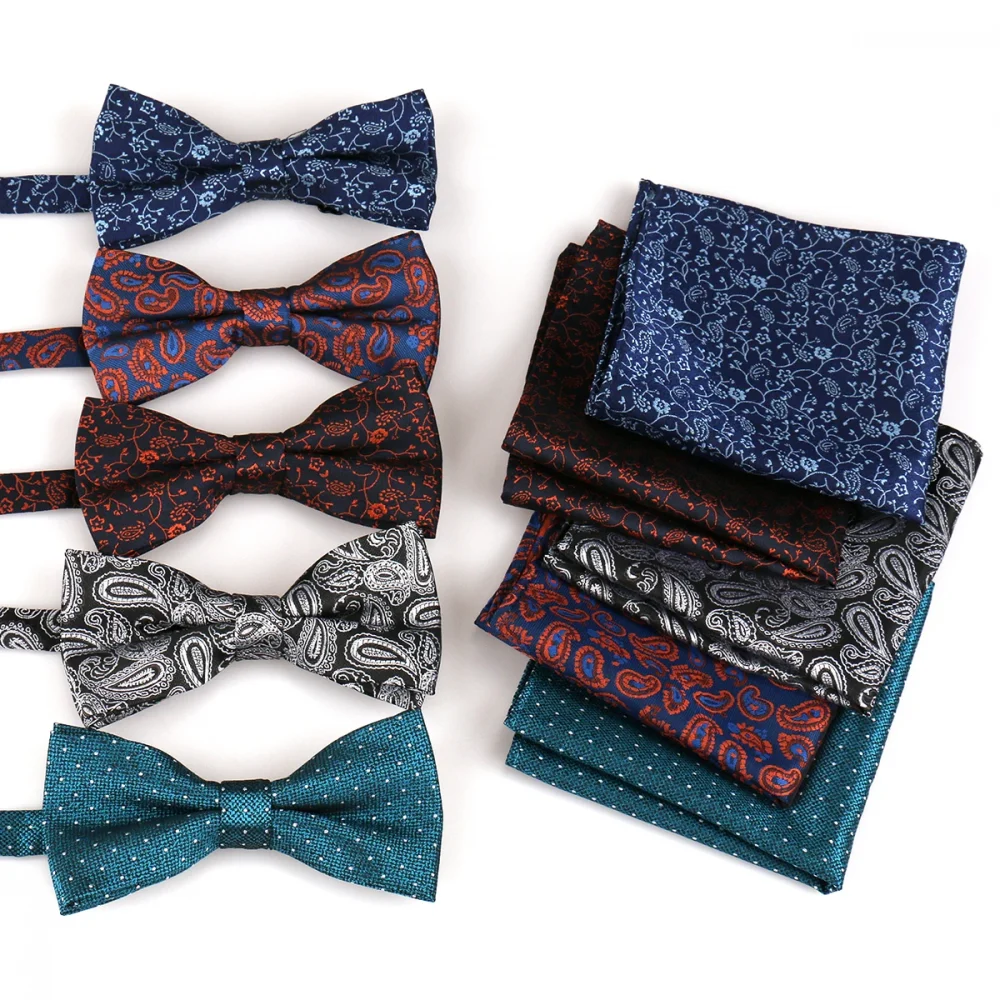 Bowtie Men Set Pocket Square Bow Tie Jacquare Paisley Floral Hanky For Man Black Butterfly Handkerchief Suit Pre-Tied Gifts 2