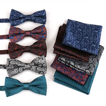 Bowtie Men Set Pocket Square Bow Tie Jacquare Paisley Floral Hanky For Man Black Butterfly Handkerchief Suit Pre-Tied Gifts 2