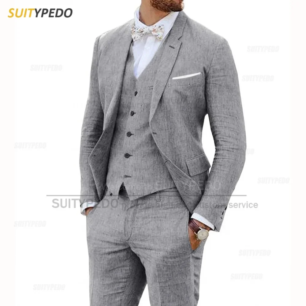 Beige Linen Suits for Men 3 Pieces Casual Slim Fit Suit Blazer Vest Pants Set Formal Prom Wedding Tuxedos for Groomsmen Best Man 4