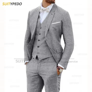 Beige Linen Suits for Men 3 Pieces Casual Slim Fit Suit Blazer Vest Pants Set Formal Prom Wedding Tuxedos for Groomsmen Best Man 4