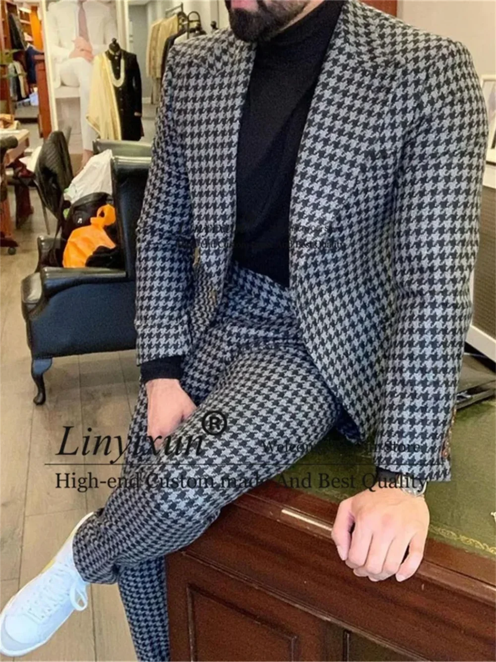 2 Piece Houndstooth Mens Suit Casual Business Slim Fit Blazer Male Winter Prom Groom Wear Tuxedo Set Terno Masculino Jacket+Pant 3