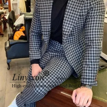 2 Piece Houndstooth Mens Suit Casual Business Slim Fit Blazer Male Winter Prom Groom Wear Tuxedo Set Terno Masculino Jacket+Pant 3