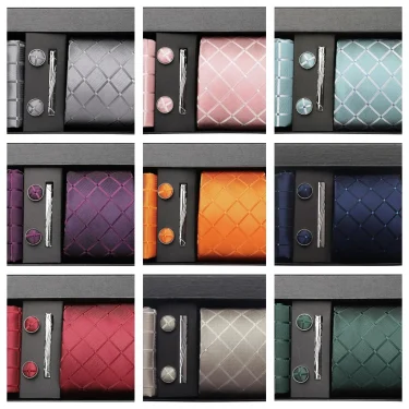 Luxury 8CM Men Silk Necktie Plaid&Check Ties Pocket Square Cufflink Tie Clip Gift box Set For Man Groom Formal Business Jacquard 6