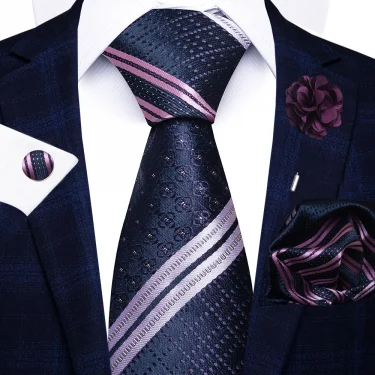 Holiday Gift Brand 8 cm Tie Handkerchief Cufflink Pin Set For Men Necktie Stripe Red Suit Accessories Wedding Gravatas 5