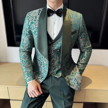 Spring 2025 Men's British Style Business Casual Three-Piece Suit Vest Trousers High-Density Jacquard Wedding Dress 1