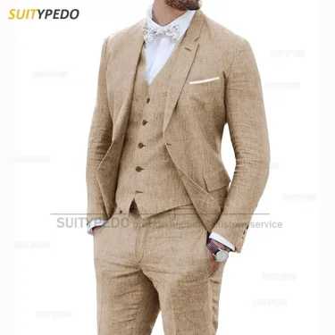 Beige Linen Suits for Men 3 Pieces Casual Slim Fit Suit Blazer Vest Pants Set Formal Prom Wedding Tuxedos for Groomsmen Best Man 3