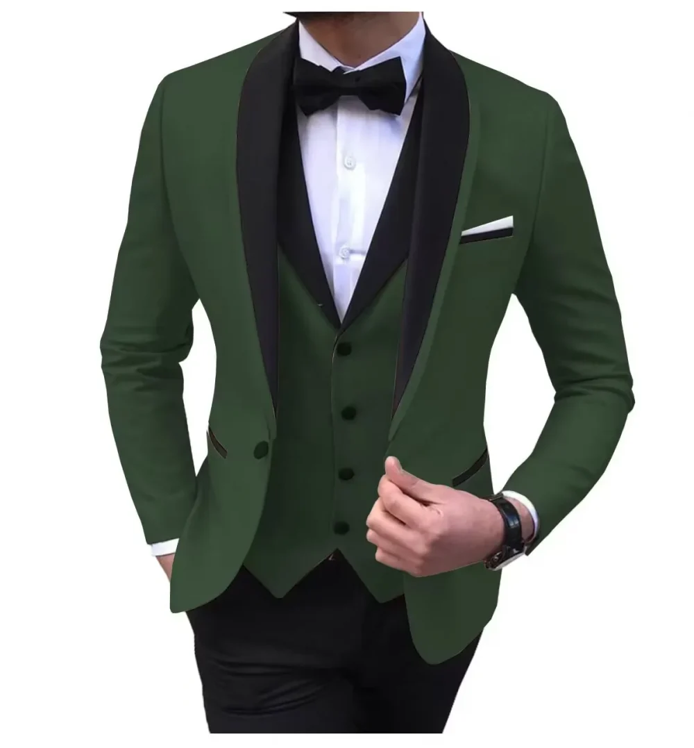 Casual Solid 3 Piece Men Wedding Suits Slim Fit Shawl Lapel Blazer Vest Pants Formal Business Groom Tuxedos Party Costume Homme 3