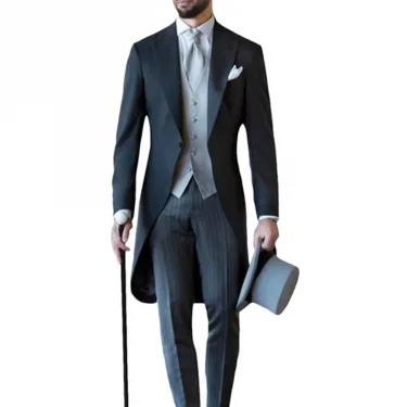 3 Pieces Men's Tailcoat Suit Formal Wedding Business One Button Suit Jacket Waistcoat Stripe Trousers 2