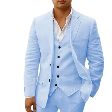 Light Blue/Beige Linen Notch Lapel Slim Fit Summer Men Suits 3 Piece Groom Tuxedos Blazer Pants Sets Wedding Prom Costume Homme 3
