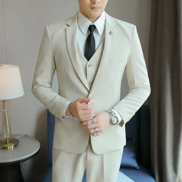 Men's Business Trendy Solid Color Three-Piece Suit Set - High-Quality Fashion Ensemble with Vest And Trousers 1