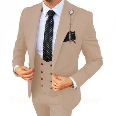 Khaki Men's Suits 3 Pieces Wedding Business Suits Groom Tuxedos Slim Fit Peaked Lapel Blazer Vest Pants Formal Men Suits 1