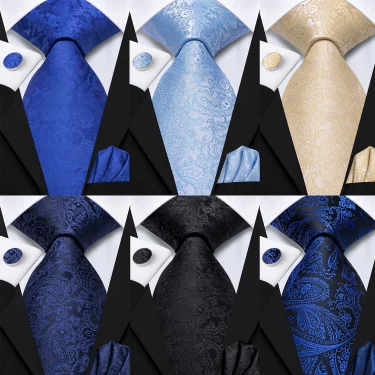 Hi-Tie Blue Navy Floral Paisley Tie For Men Groom Wedding Necktie Pocket Square Cufflink Accessory Wholesale Designer 1
