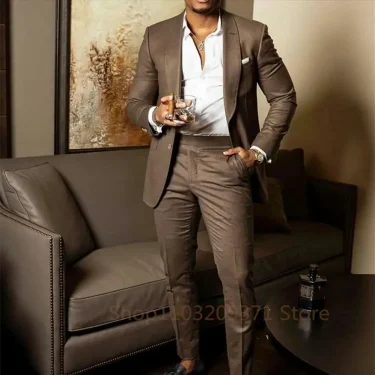 Dark Brown 2024 Men Business Suit Groom Groomsman Tuxedos Prom Wedding Party Formal 2 Piece Set Jacket And Pants 4
