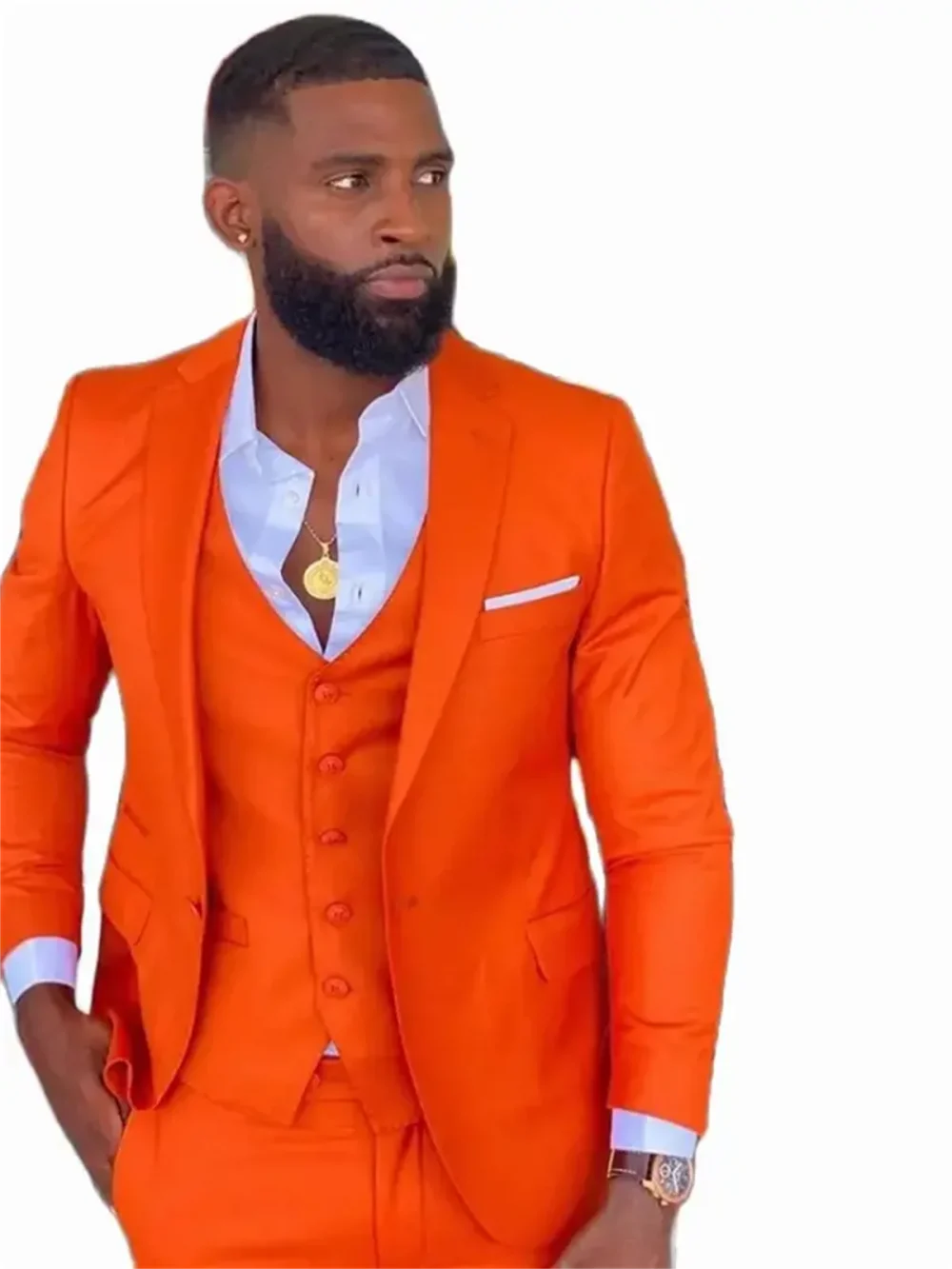 3 Pcs Bright Orange Notch Lapel Men Suit Costume Homme Wedding Dress Tuxedos Terno Masculino Slim Fit Groom Prom Party Blazer 1