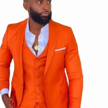 3 Pcs Bright Orange Notch Lapel Men Suit Costume Homme Wedding Dress Tuxedos Terno Masculino Slim Fit Groom Prom Party Blazer 1