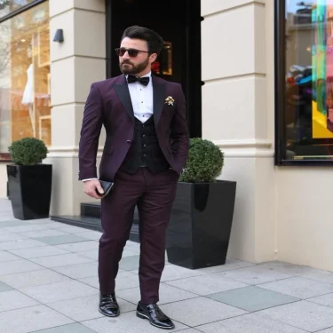 3 Piece Dark Purple Men Suits Slim Fit Single Breasted One Button Peak Lapel Groom Tuxedos Bussiness/Wedding Jacket Vest Pants 2
