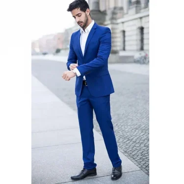 Blue Men Suits High Quality 2024 Slim Fit Casual Single Breasted Notch Lapel Blazer Flat Business Office 2 Piece Jacket Pants 1