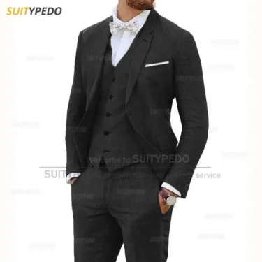 Beige Linen Suits for Men 3 Pieces Casual Slim Fit Suit Blazer Vest Pants Set Formal Prom Wedding Tuxedos for Groomsmen Best Man 1