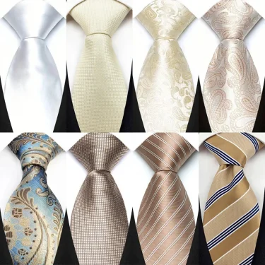Luxury 8CM Mens Necktie White Beige Color Solid Dot Stripes Tie For Man Groom Jacquard Woven Neck Tie For Business Wedding Party 1
