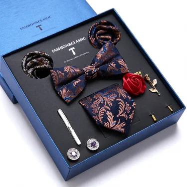 High Quality Holiday Gift Box 7.5 cm Blue Floral Tie Hanky Pocket Squares Cufflink Clip Set Necktie For Man Birthday Present 1