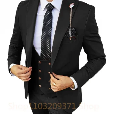 Khaki Men's Suits 3 Pieces Wedding Business Suits Groom Tuxedos Slim Fit Peaked Lapel Blazer Vest Pants Formal Men Suits 2