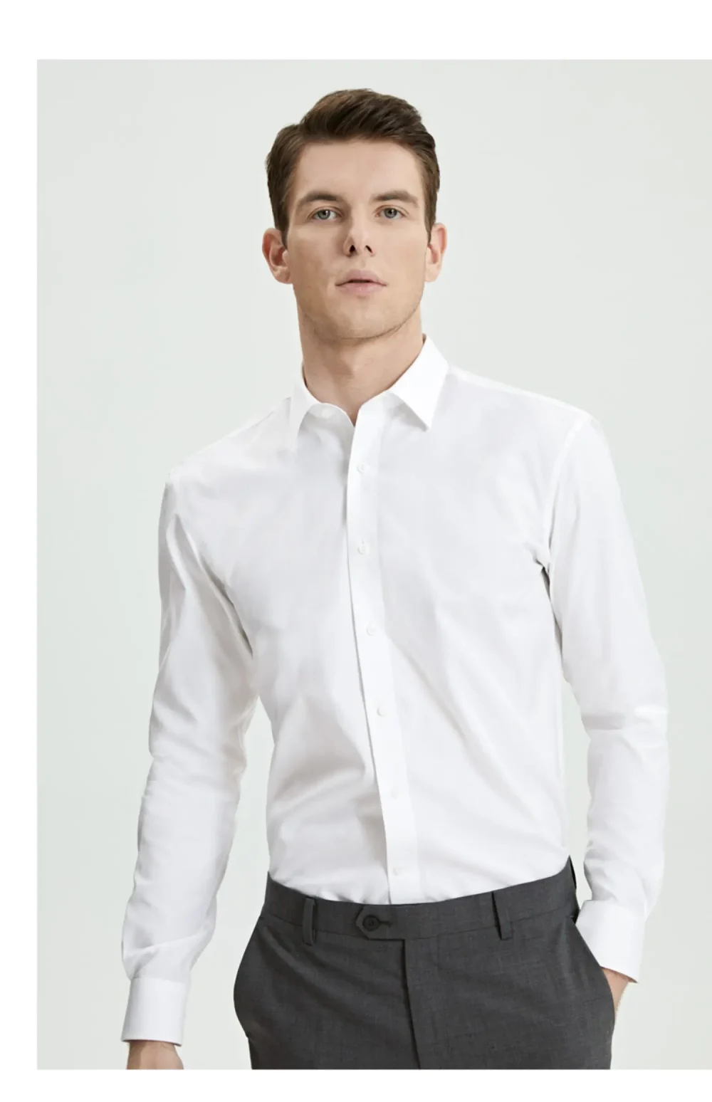 Smart Five Round Collar Dress Shirts Men Slim Fit Long Sleeve Cotton Striped Shirts Man White Office Formal shirt 2