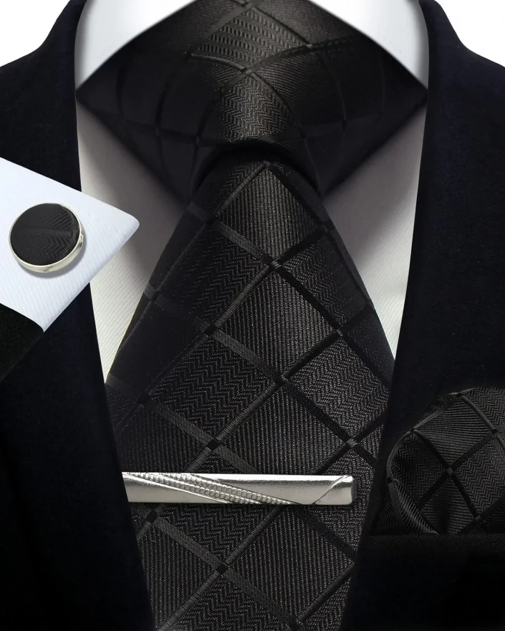 Luxury 8CM Men Silk Necktie Plaid&Check Ties Pocket Square Cufflink Tie Clip Gift box Set For Man Groom Formal Business Jacquard 3
