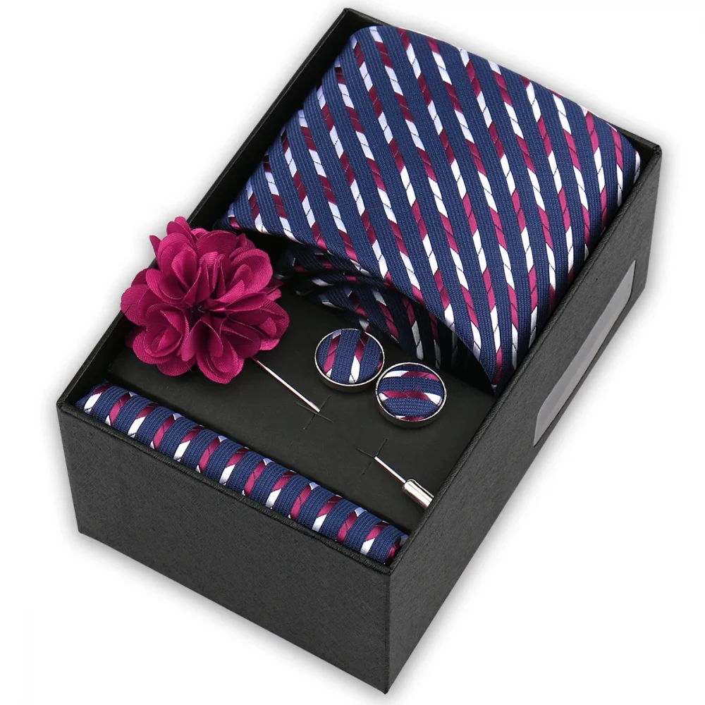High Quality Tie Set Box Elegant Ties For Men Necktie Handchief Cufflinks Brooch 4Pcs Set Suit Accessories Business Wedding Gift 6