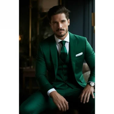 3 Piece Green Notch Lapel Single Breasted Suits for Men Formal Daily Casual Slim Business Outfits Elegant Groom Wedding Tuxedo 1
