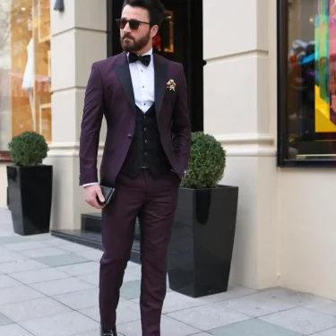3 Piece Dark Purple Men Suits Slim Fit Single Breasted One Button Peak Lapel Groom Tuxedos Bussiness/Wedding Jacket Vest Pants 1