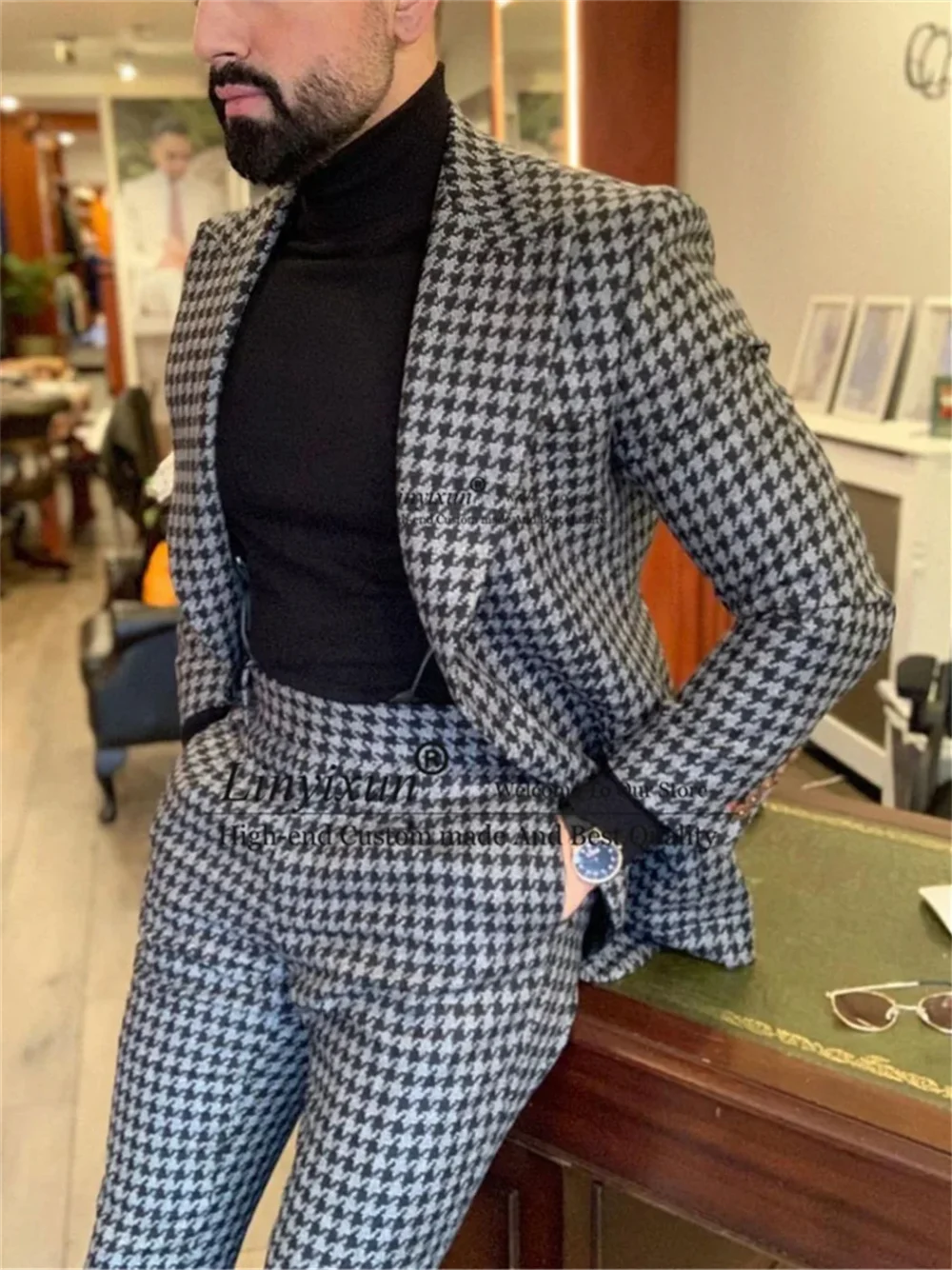 2 Piece Houndstooth Mens Suit Casual Business Slim Fit Blazer Male Winter Prom Groom Wear Tuxedo Set Terno Masculino Jacket+Pant 4