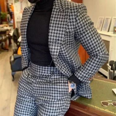 2 Piece Houndstooth Mens Suit Casual Business Slim Fit Blazer Male Winter Prom Groom Wear Tuxedo Set Terno Masculino Jacket+Pant 4