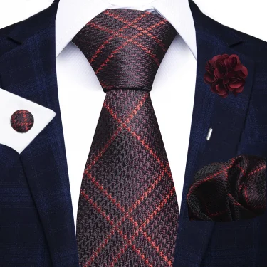 Holiday Gift Brand 8 cm Tie Handkerchief Cufflink Pin Set For Men Necktie Stripe Red Suit Accessories Wedding Gravatas 1