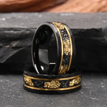 Black Tungsten carbide Rings for Men and Women 8mm Hammered Golden Leaf Inlay Men's Engagement Wedding Bands Comfortable fit 6