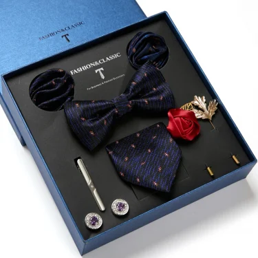 High Quality Holiday Gift Box 7.5 cm Blue Floral Tie Hanky Pocket Squares Cufflink Clip Set Necktie For Man Birthday Present 3