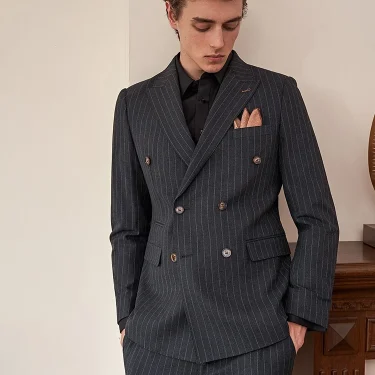 Wedding Groom Wear Suits Set Grey Stripe Double Breasted Luxury Men Clothing Blazer Pant Business Man Office Formal Clothes 44 1