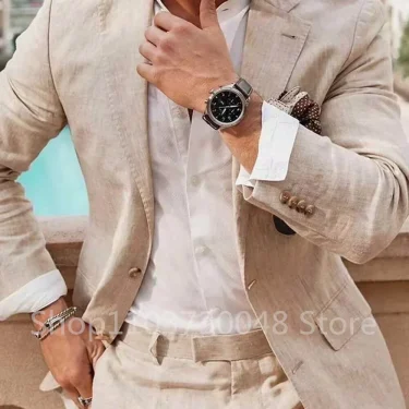 2 Piece Casual Beige Linen Men Suits Single Breasted Slim Fit Notch Lapel Blazer with Pants High Quality Wedding Costume Homme f 3