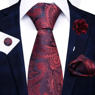 New Style 8 cm Red Paisley Tie Handkerchief Cufflink Pin Set For Men Necktie Clothing Accessories Wedding Gravatas Fit Party 1