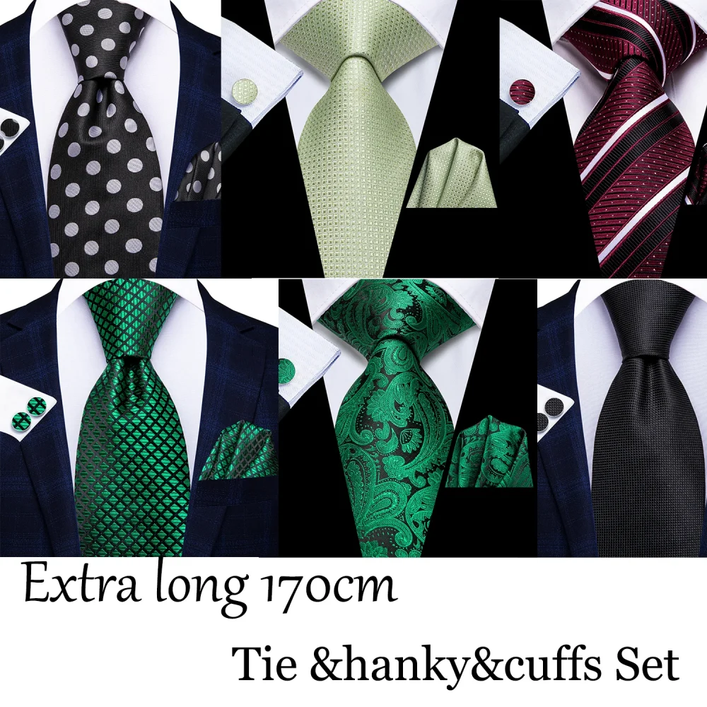 Hi-Tie 170cm Extra long Black Dots Men's Elegant Tie Handkerchief Cufflinks Set Wedding Party Accessories Gift for Men Gravats 1