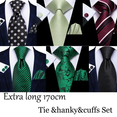 Hi-Tie 170cm Extra long Black Dots Men's Elegant Tie Handkerchief Cufflinks Set Wedding Party Accessories Gift for Men Gravats 1