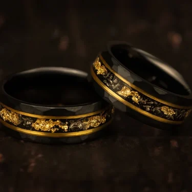 Black Tungsten carbide Rings for Men and Women 8mm Hammered Golden Leaf Inlay Men's Engagement Wedding Bands Comfortable fit 2